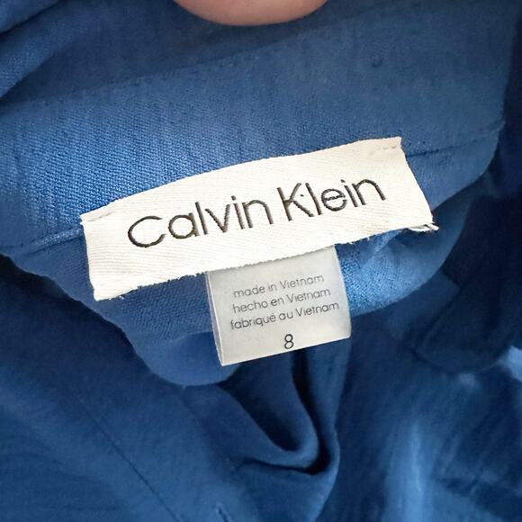 Calvin Klein Blue Button Front Structured Shoulder Tie Waist Dress Size 8 NEW - Picture 9 of 10